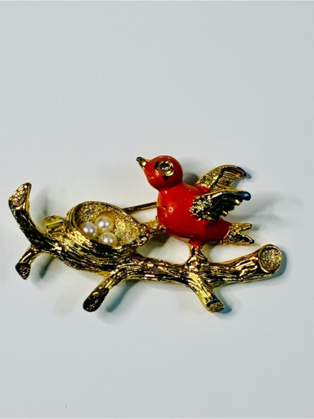Gold-Tone Bird Brooch with Red Enamel and Pearl Accents